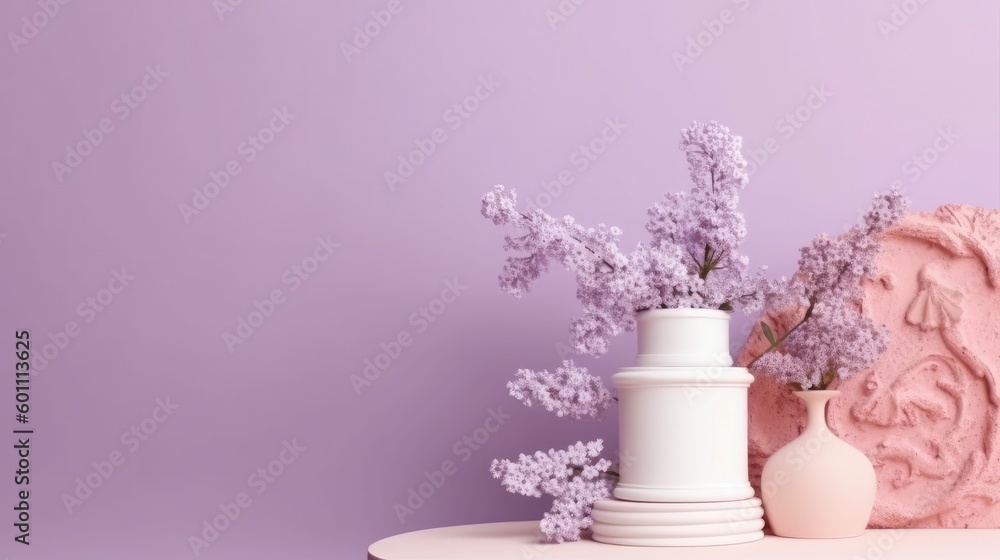 Decorative podiums and blooming branch on lilac background Decorative podiums and blooming branch on lilac background