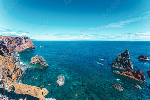 Beautiful view of the turquoise waters of the Madeiran coast from the cliff. São Lourenço, Madeira Island, Portugal, Europe.