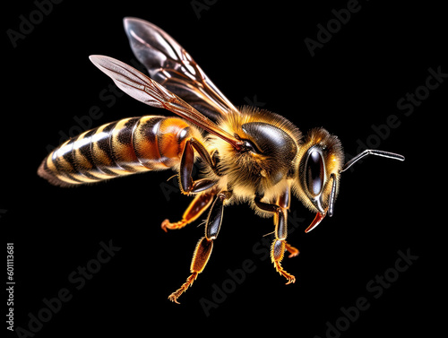 a stunning bee is flying, isolated on transparent background, macro, incredible pollinator, Generative AI