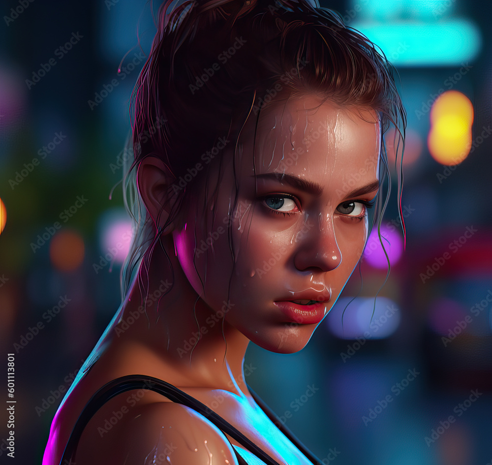 Beautiful woman standing on a busy city street with iridescent neon ...