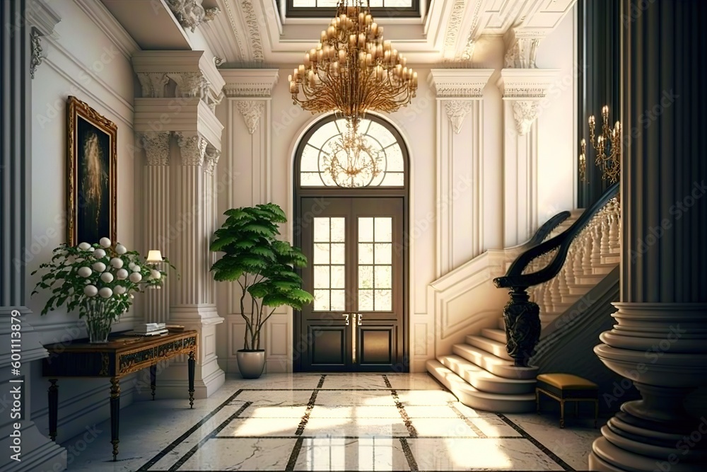 A classic and elegant foyer with a large chandelier and a marble floor. Generative Ai.