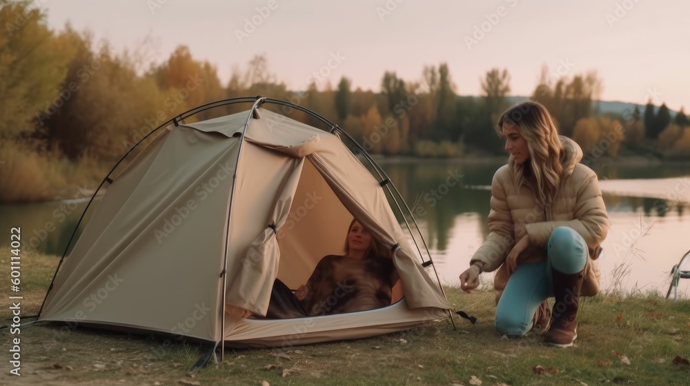 Young lady preparing tent for camping Young lady preparing tent for camping