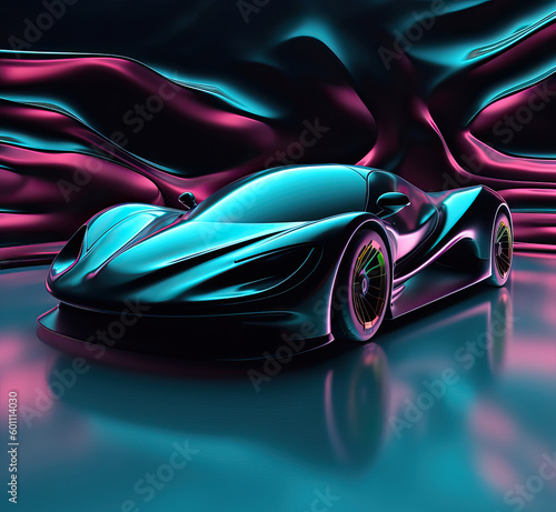 Beautiful futuristic car on an iridescent and black background, Generative AI illustration