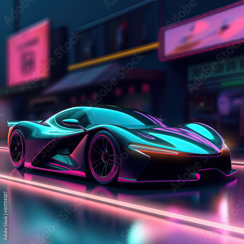 Beautiful futuristic car on an iridescent neon lit street in a city, Generative AI illustration © Goodwave Studio
