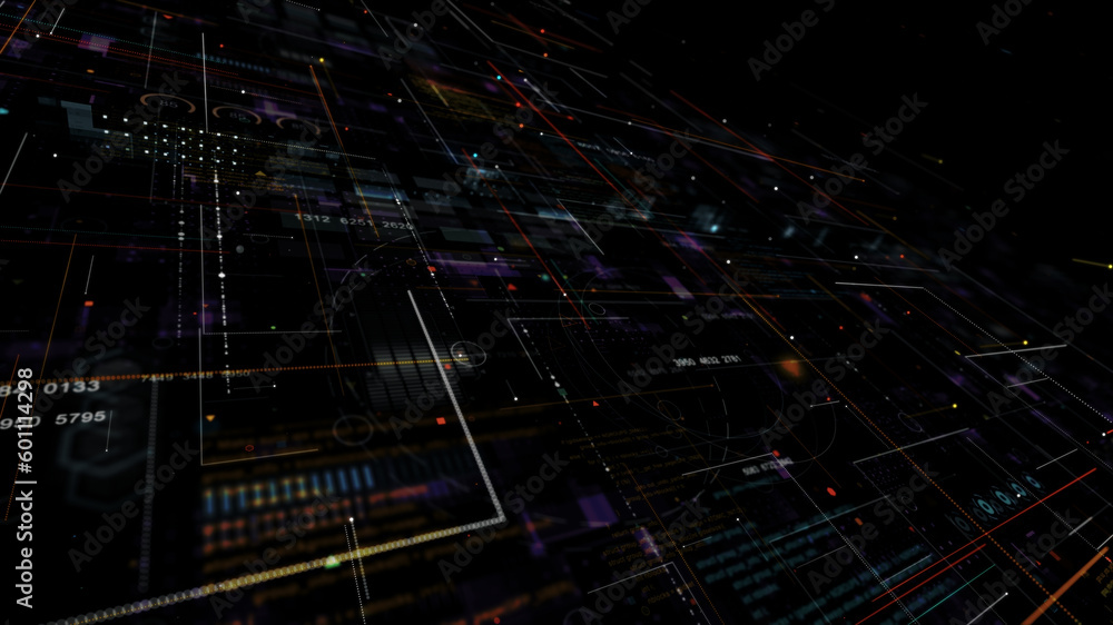Motion graphic of Blue data matrix simulation digital line and grid perspective technology with futuristic HUD screen on black background abstract background concept