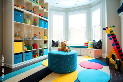 A bright and airy playroom with a large chalkboard and plenty of toys. Generative Ai.