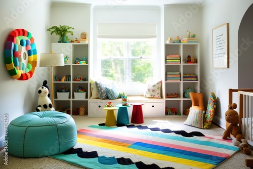 A bright and airy playroom with a large chalkboard and plenty of toys. Generative Ai.