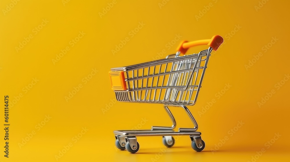 Shopping concept with shopping cart on yellow background