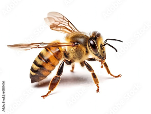 a stunning bee is flying, isolated on white background, macro, incredible pollinator, Generative AI © Sasint