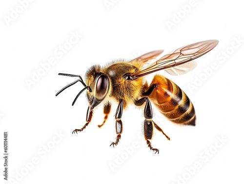 a stunning bee is flying, isolated on white background, macro, incredible pollinator, Generative AI © Sasint