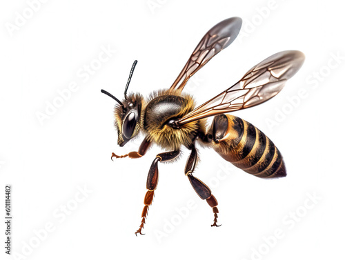 a stunning bee is flying, isolated on white background, macro, incredible pollinator, Generative AI