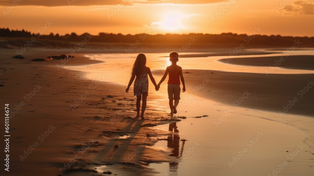 Boy and girl walking along the seashore at sunset