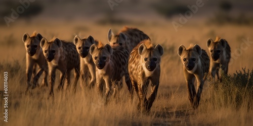 A pack of hyenas playfully chasing each other in the grasslands, concept of Animal Behavior, created with Generative AI technology