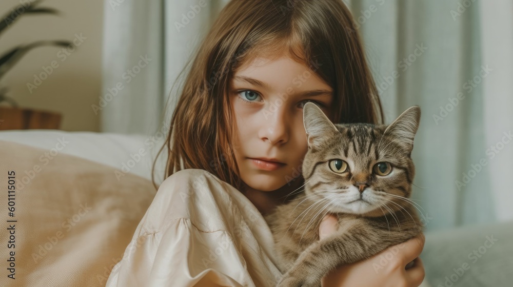 Girl with Cat in Pocket at Home Girl with Cat in Pocket at Home