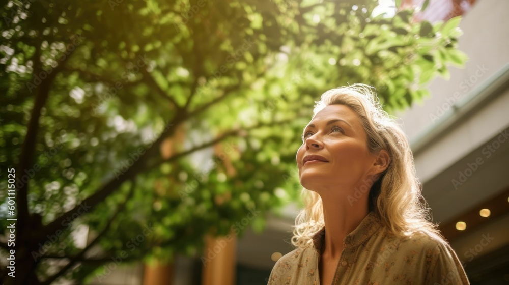 Woman looking up at tree in sunny courtyard Woman looking up at tree in sunny courtyard