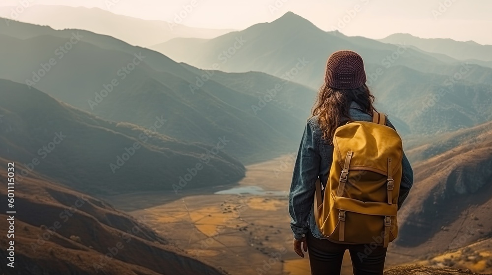 woman with a backpack looking at a mountain , Generative AI