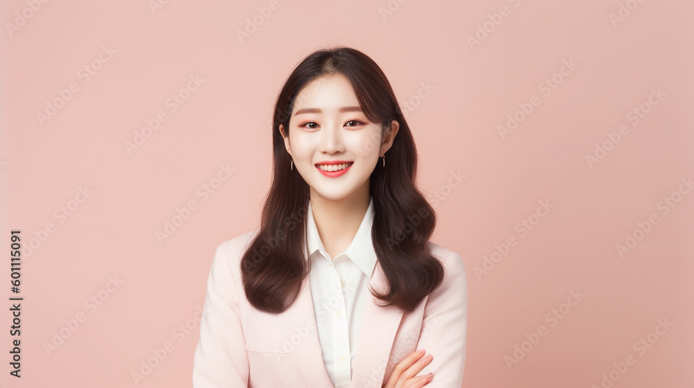 Fototapeta premium Young Asian beautiful and charming businesswoman smiling and standing on a isolated pink moder studio background, AI Generated.