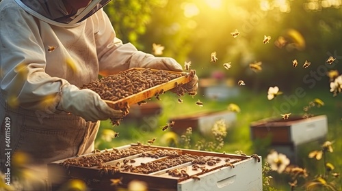 Photo Honey farming and beekeeper with crate