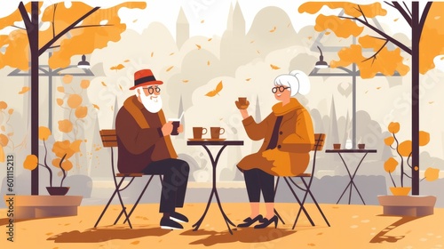 Vector illustration of elderly couple drinking coffee