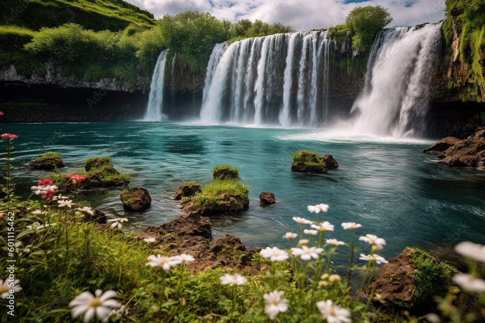 Fototapeta premium Magnificent Waterfall Cascading Down Towering Cliff - Generative AI