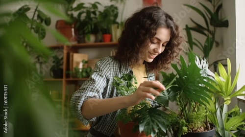 Young Woman Inspecting Leaves on Green Houseplant at Home