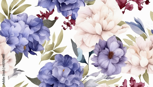 Delicate floral watercolor pattern for textiles and backgrounds, watercolor blue peonies flowers and green leaves, soft colors, boho style on a light background, floristic vintage, Asian