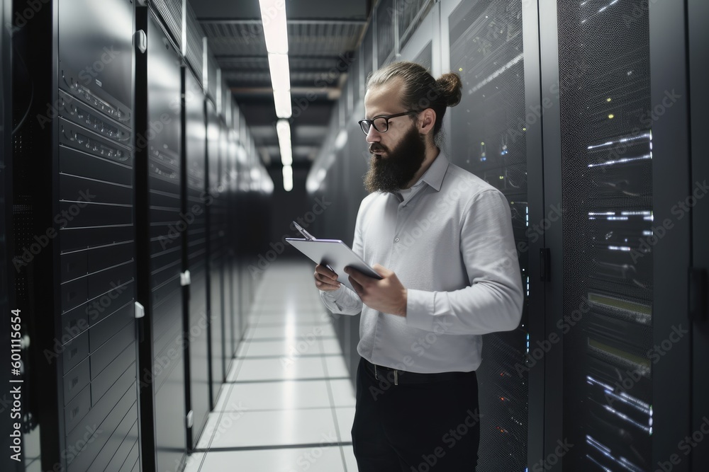 Fototapeta premium Portrait of man working with server cabinet in data center and write notes on paper generative AI