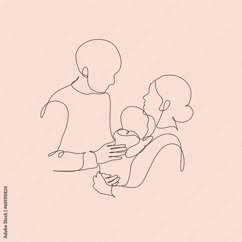 Abstract family continuous line art. Young mom hugging her baby child. Hand drawn illustration for Happy International Mother's Day card, loving family, parenthood childhood concept