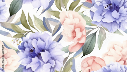 Delicate floral pattern for textiles and backgrounds, blue peonies flowers and green leaves, soft colors, boho style on a light background, floristic vintage, Asian