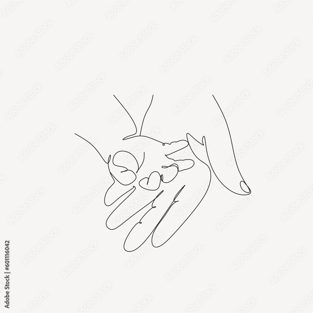 Obraz premium Continuous one line drawing. Woman hold her baby. Pregnant Woman. Holding baby hand. Family