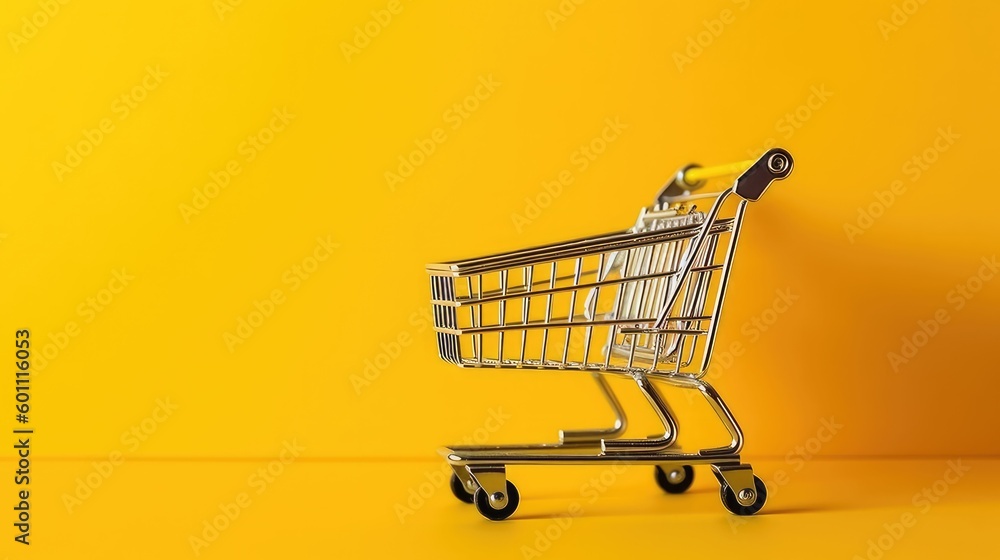 Shopping Concept Background with Shopping Cart on Yellow Shopping Concept Background with Shopping Cart on Yellow