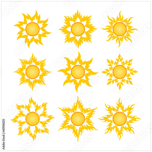 Flame vector sun shapes. Rising sun, sunset, dawn illustrations set. Fire colors round shape, Orange red yellow circle, flaming crown frame. Maslenitsa, Shrovetide background.