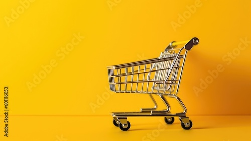 Shopping Concept Background with Shopping Cart on Yellow