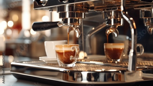 Fresh Espresso coffee brewing through the bottomless portafilter