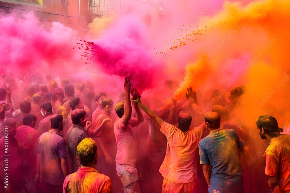 happy people scatter colored powder on the streets of India during celebrations, Generative AI