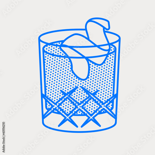 Whiskey Sour cocktail with orange peel. Line art, retro. Vector illustration for bars, cafes, and restaurants.