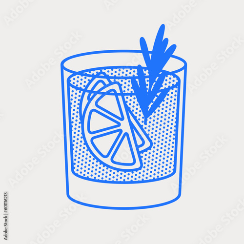 Gin and tonic cocktail with lime slices and rosemary. Line art, retro. Vector illustration for bars, cafes, and restaurants.