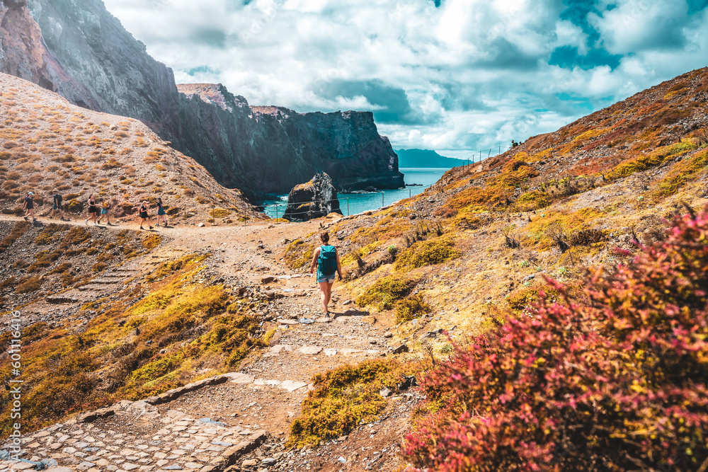Fototapeta premium Athletic woman walking on paved trail with picturesque view of rocky coast of Madeira Island. São Lourenço, Madeira Island, Portugal, Europe.