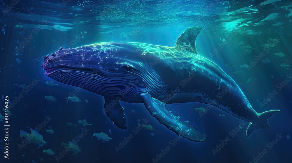 Illustration of a family of blue whales under water