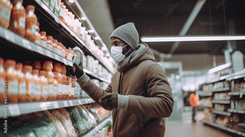 Black male shopping groceries in supermarket