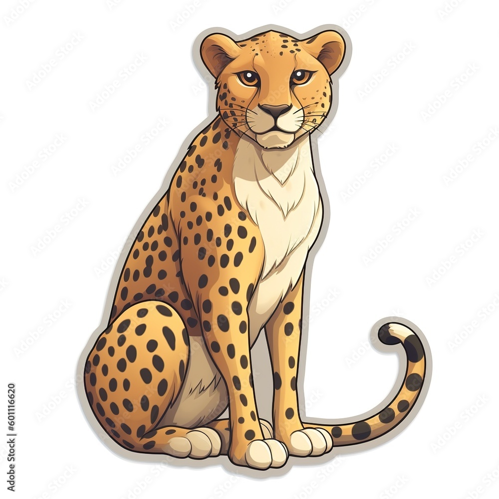 Cartoon sticker of a Cheetah over white background. Generative AI illustration Cartoon sticker of a Cheetah over white background. Generative AI illustration