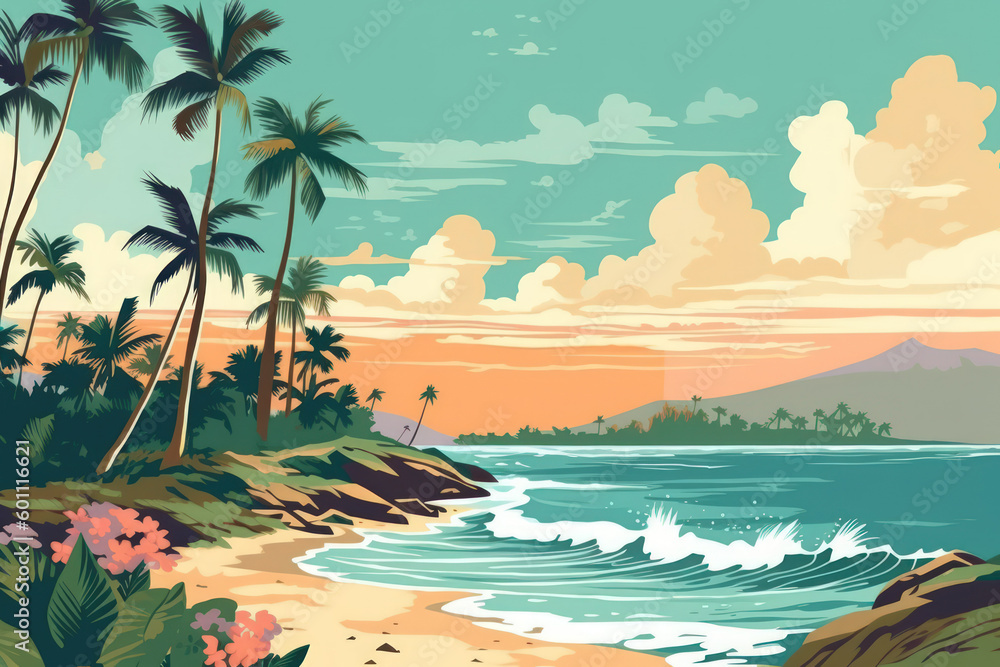 Drawing tropical beach summer background. Graphic illustration design. Generative ai.