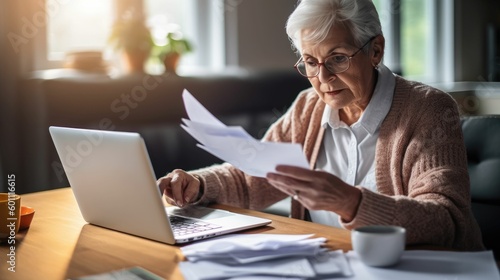 Senior woman banking at laptop with receipts