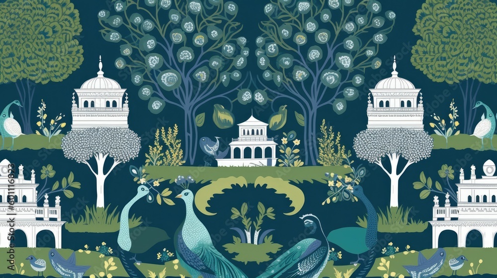 © Oliver - Illustration of a Mughal garden with peacock and plants © Oliver - Illustration of a Mughal garden with peacock and plants