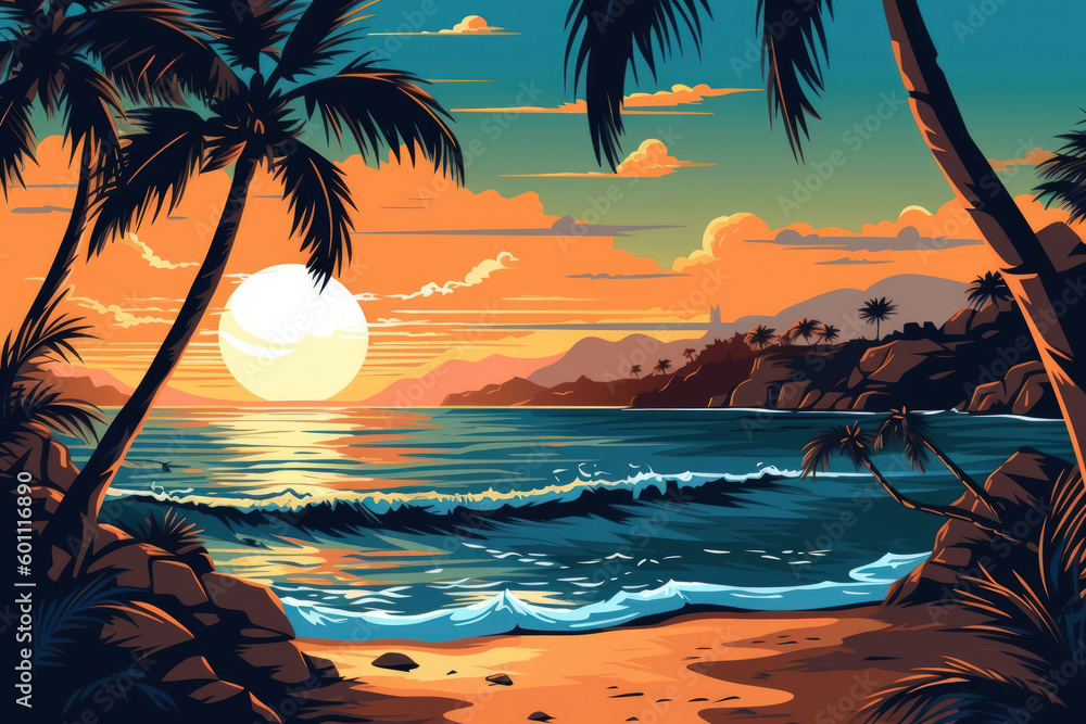 Drawing tropical beach summer background. Graphic illustration design ...