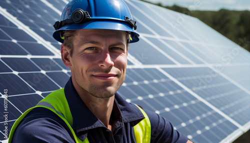 Experte in der Photovoltaik Handwerker Portrait auf einem Dach mit Solarpanels durch Solarenergie und Solartechnik Nachhaltigkeit Generative AI 