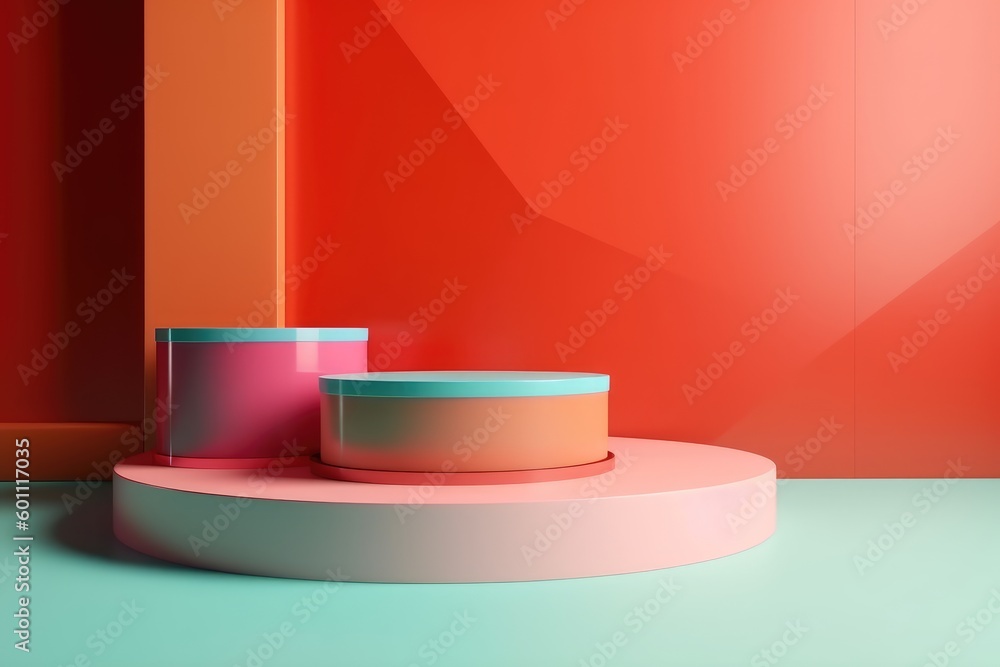 abstract minimal empty podium with bright colors to display products on a raised graphical area, 3D style generative ai Illustration abstract minimal empty podium with bright colors to display products on a raised graphical area, 3D style generative ai Illustration