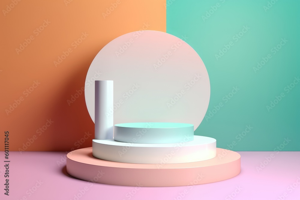 abstract minimal empty podium with bright colors to display products on a raised graphical area, 3D style generative ai Illustration abstract minimal empty podium with bright colors to display products on a raised graphical area, 3D style generative ai Illustration