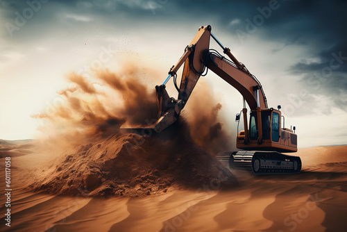 Crawler excavator digging sand in front. dunes and sky on the background. Generative AI