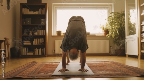 Mature man practicing headstand on rug in bedroom